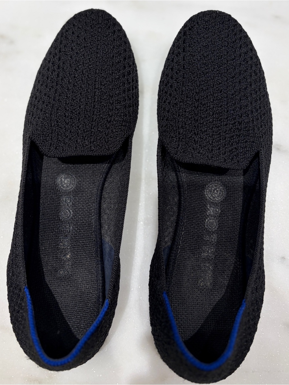 Rothy's Black Knit Slip-On Loafers with Blue Trim